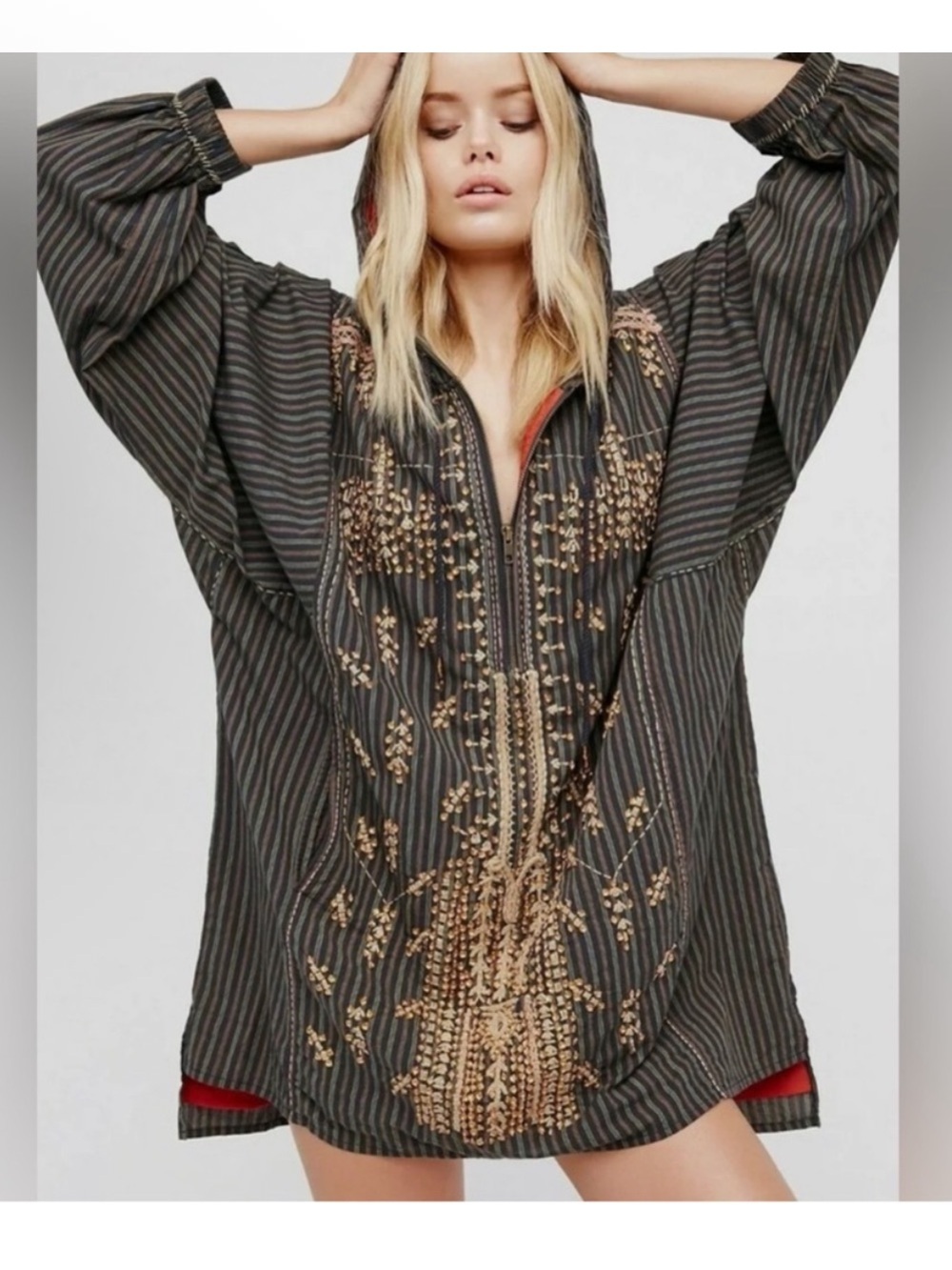 FREE PEOPLE Embellished Stripe Hooded Pullover Half Zip